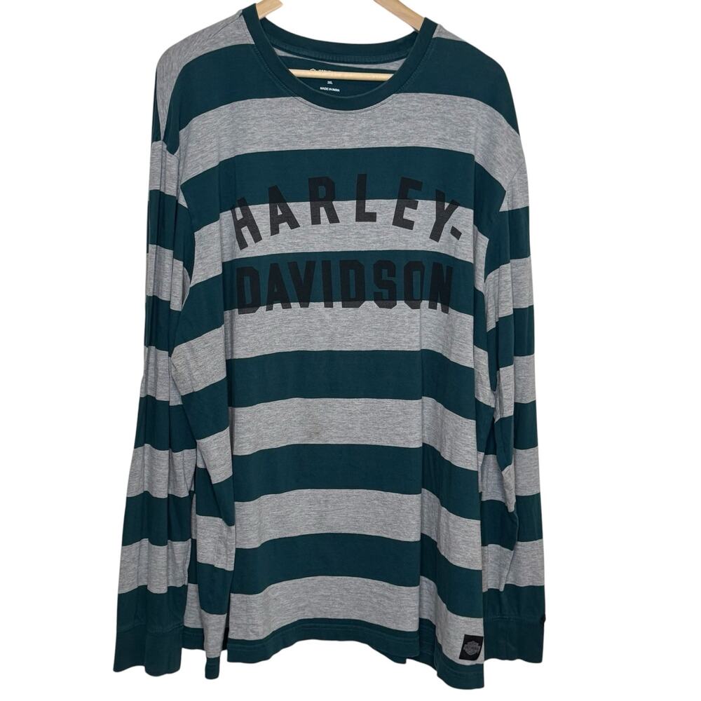 Harley Davidson 3XL Green Grey Striped Long Sleeve Spell Out Shirt